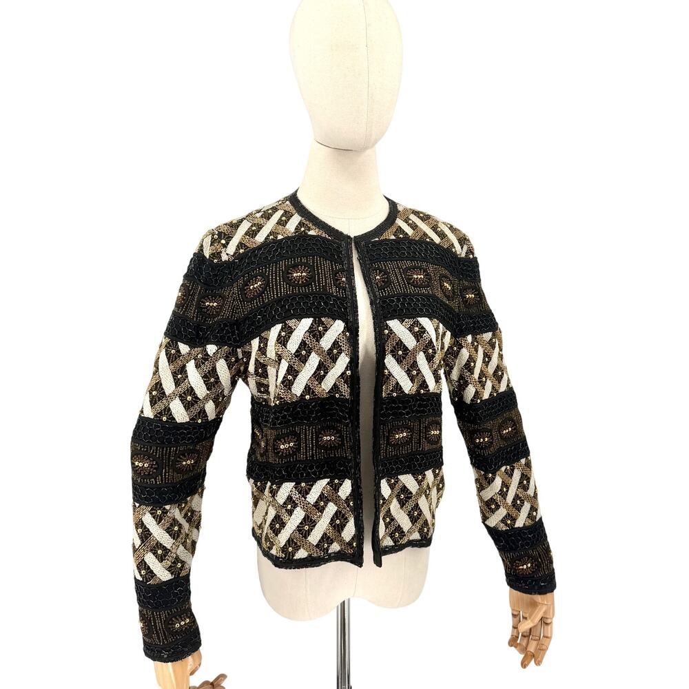 Vintage 90s Niteline Della Roufogali 100% Silk Heavy Beaded Cropped Jacket